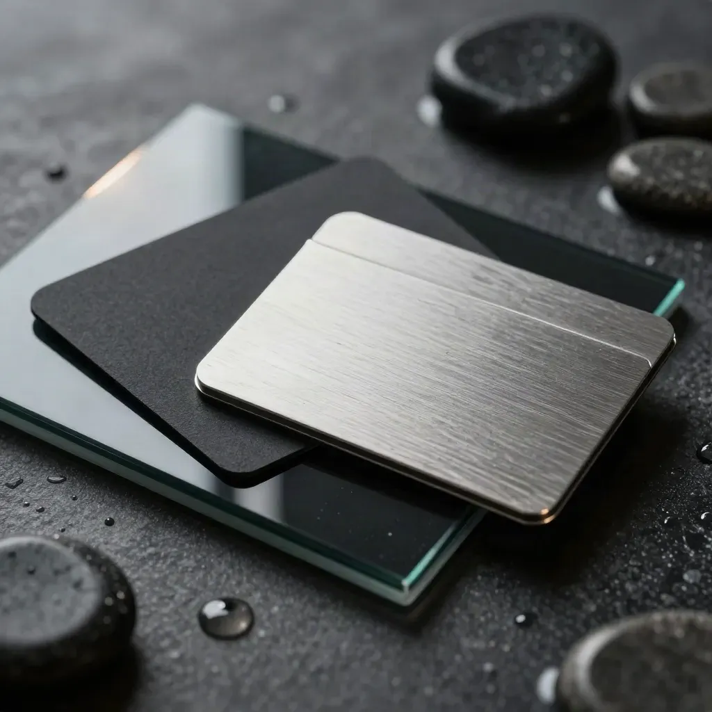Close macro of a PPC setup kit on wet basalt with black glass and brushed steel.