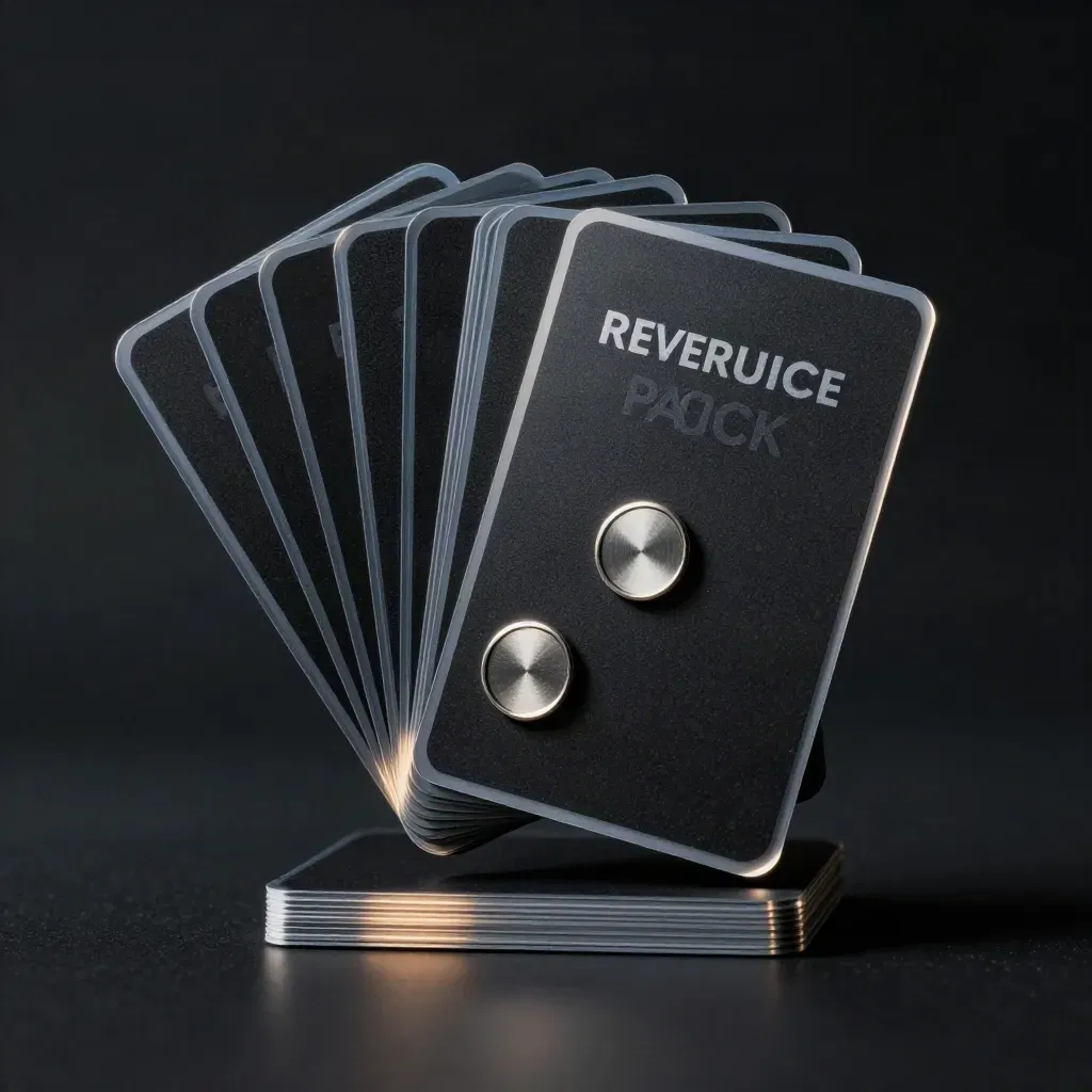 Layered audit cards fanning mid-air with metal tokens on a dark studio surface