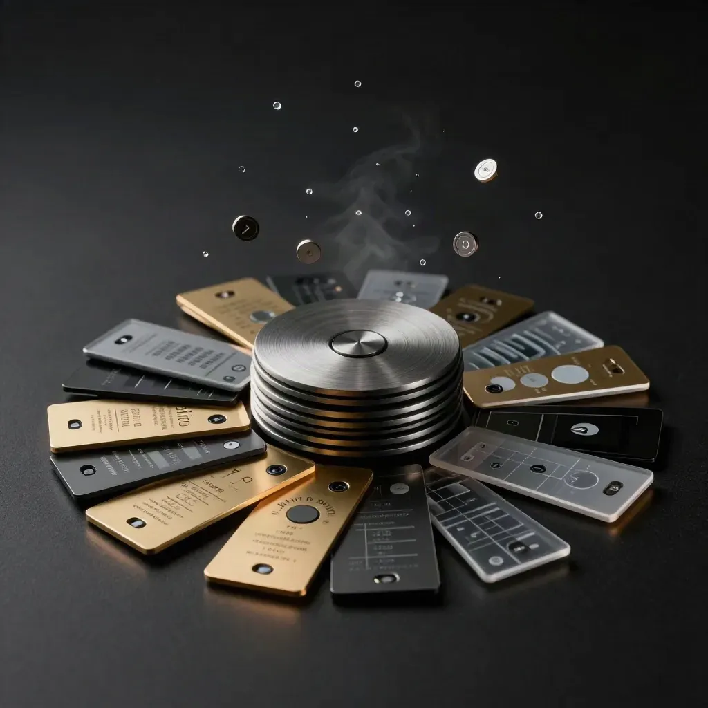Layered audit modules burst outward on a dark studio surface with gold accents.