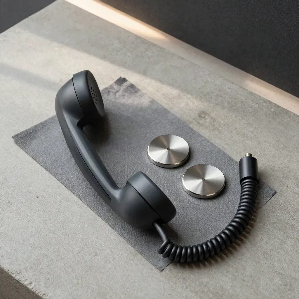 Overhead call tracking kit on graphite fabric with handset silhouette, cable and metal discs.