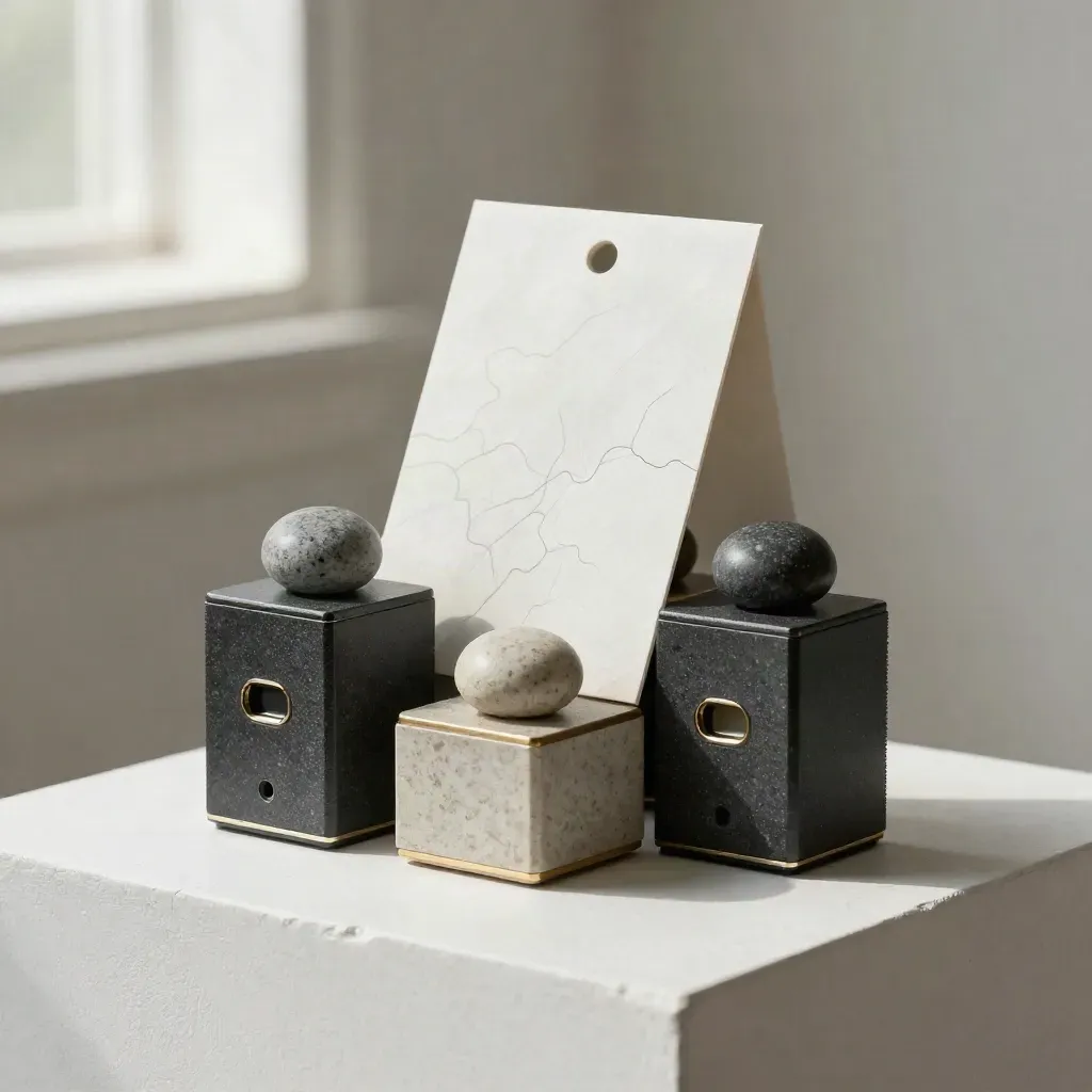 Triangular cluster of local rank modules with a folded card on plaster, lit as a premium studio hero.